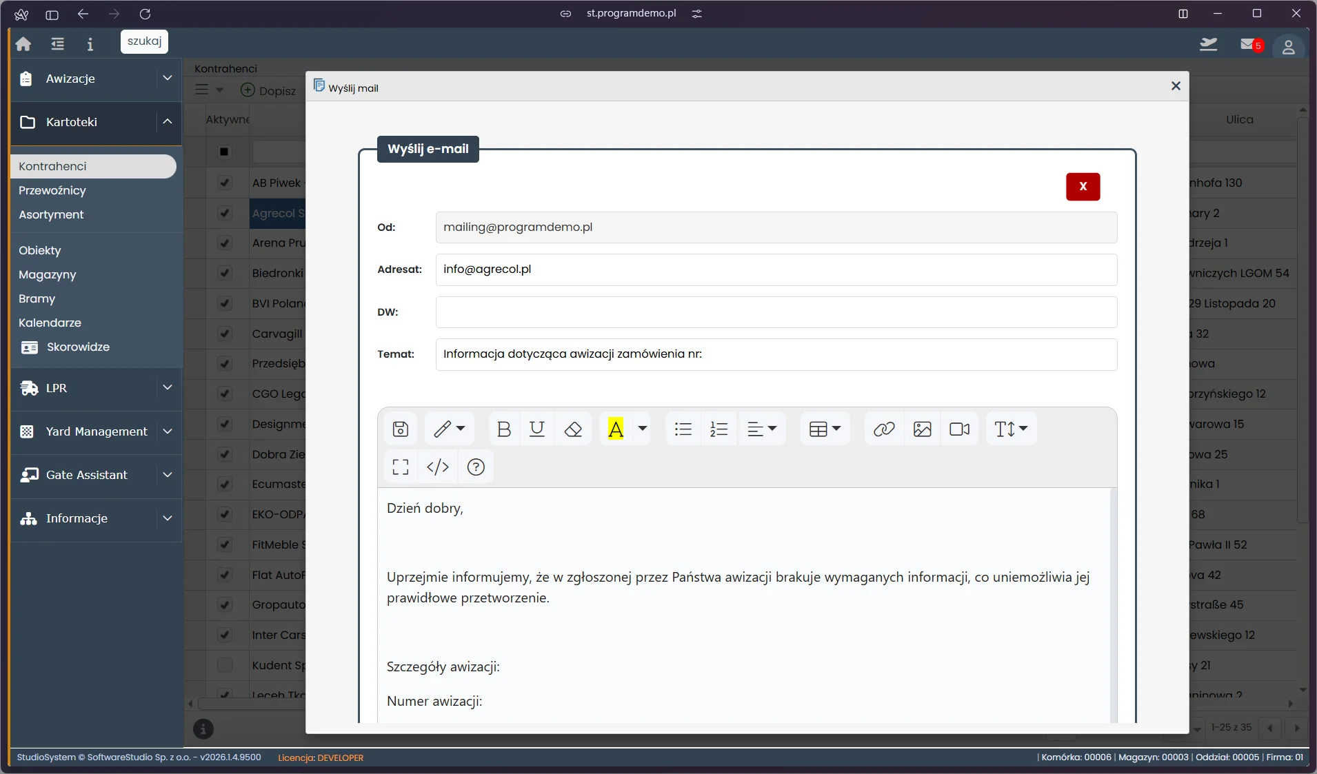 Studio VSS.net – okno dialogowe wysyłki e-mail do kontrahenta z kartoteki systemu