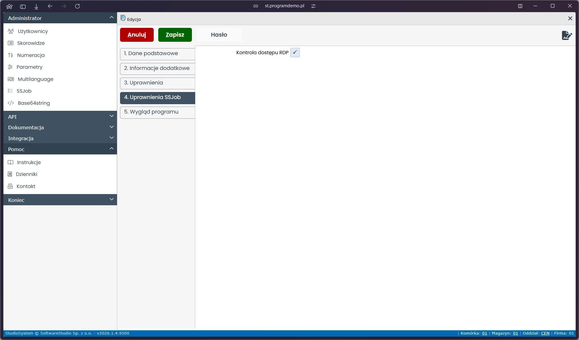 Zakładka Uprawnienia SSJob w formularzu edycji konta VSS.net - checkbox Kontrola dostępu RDP