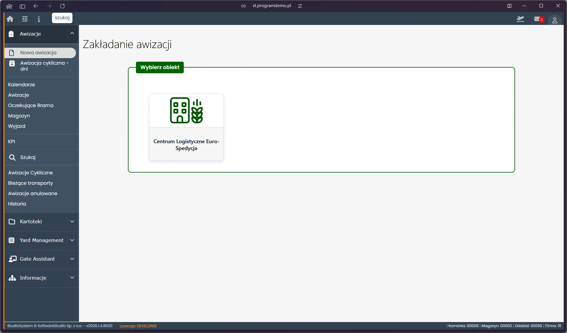 Ekran zakładania awizacji w demo Studio VSS.net z menu Awizacje i kafelkiem wyboru obiektu logistycznego
