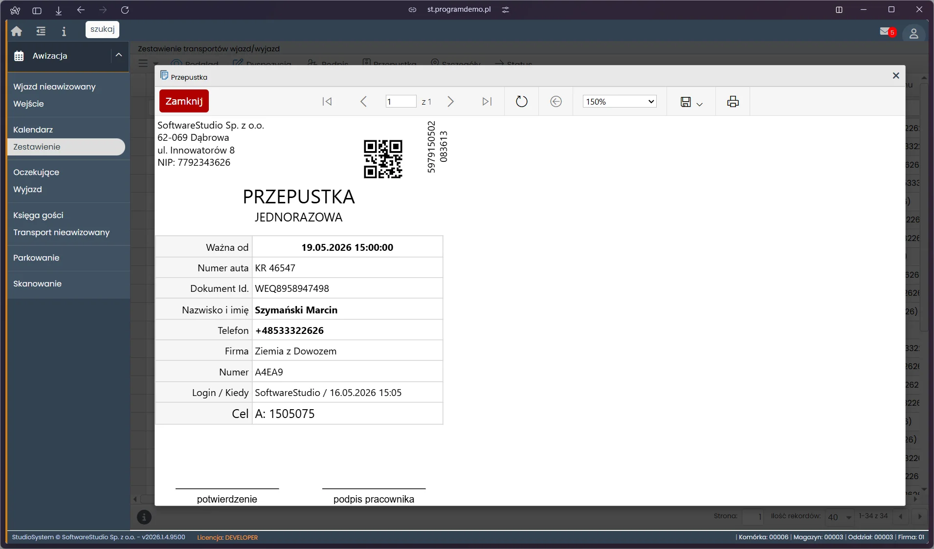 Wydruk przepustki jednorazowej VSS.net z kodem QR, danymi kierowcy i terminem ważności