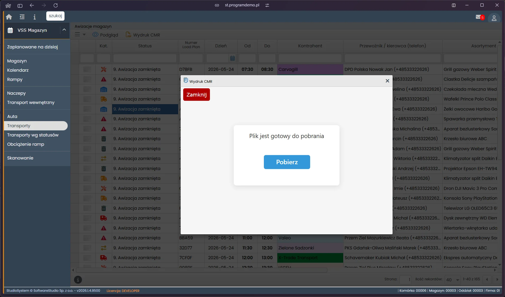Dialog oczekiwania na pobranie wydruku CMR w module VSS Magazyn Studio VSS.net