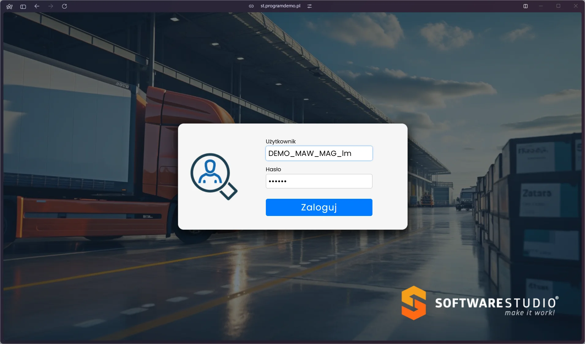 Ekran logowania do VSS Magazyn Studio VSS.net - formularz na tle zdjęcia magazynu z logo SoftwareStudio