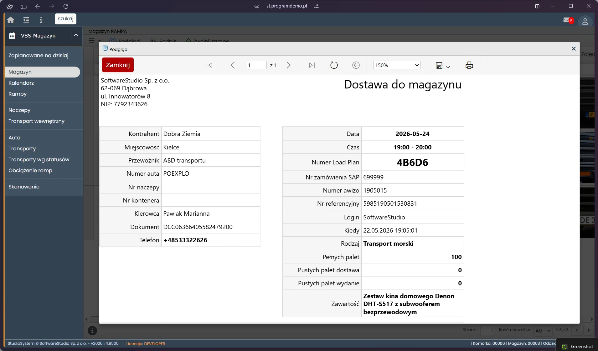Podgląd dokumentu Dostawa do magazynu w VSS.net - PDF z Load Plan 4B6D6, kontrahentem Dobra Ziemia, 100 palet