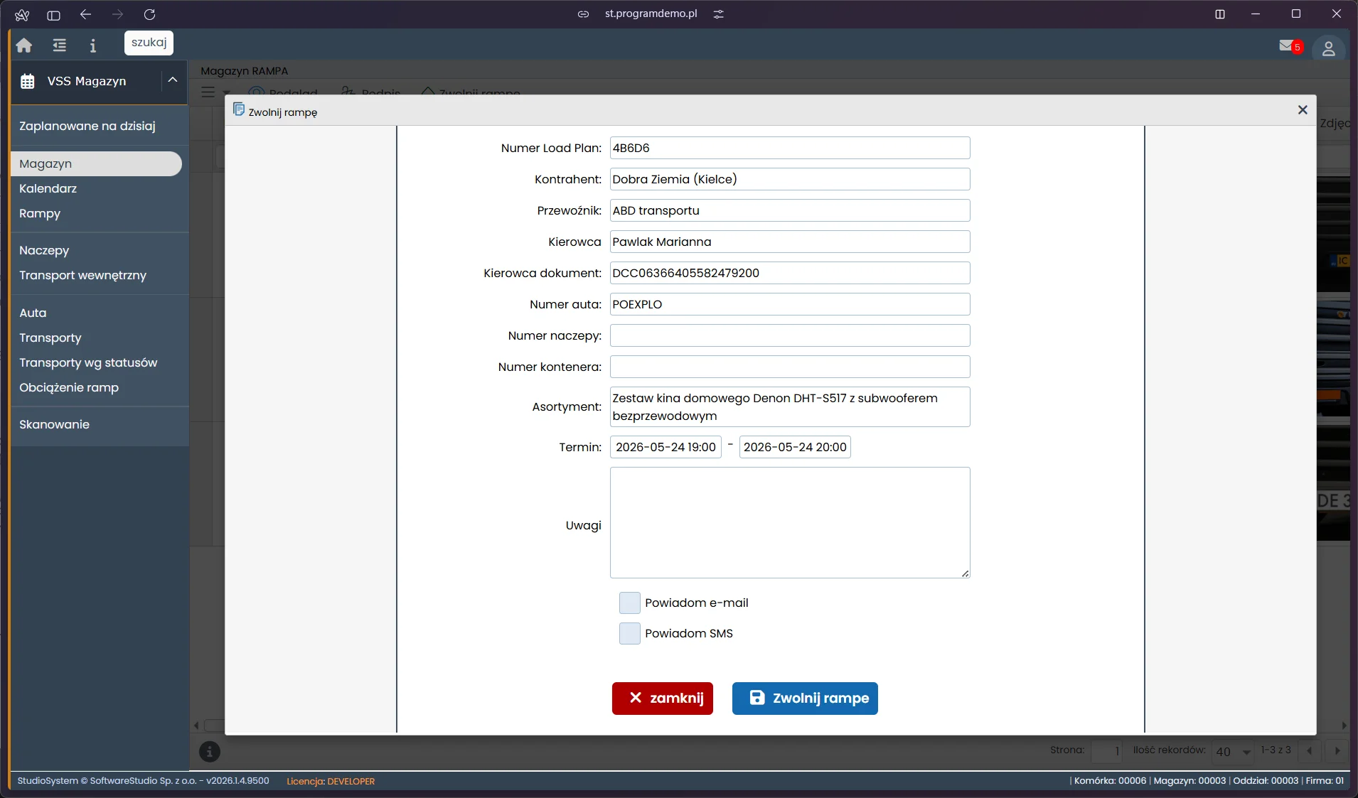 Dialog Zwolnij rampę w VSS Magazyn VSS.net - podsumowanie transportu z opcją powiadomienia e-mail i SMS