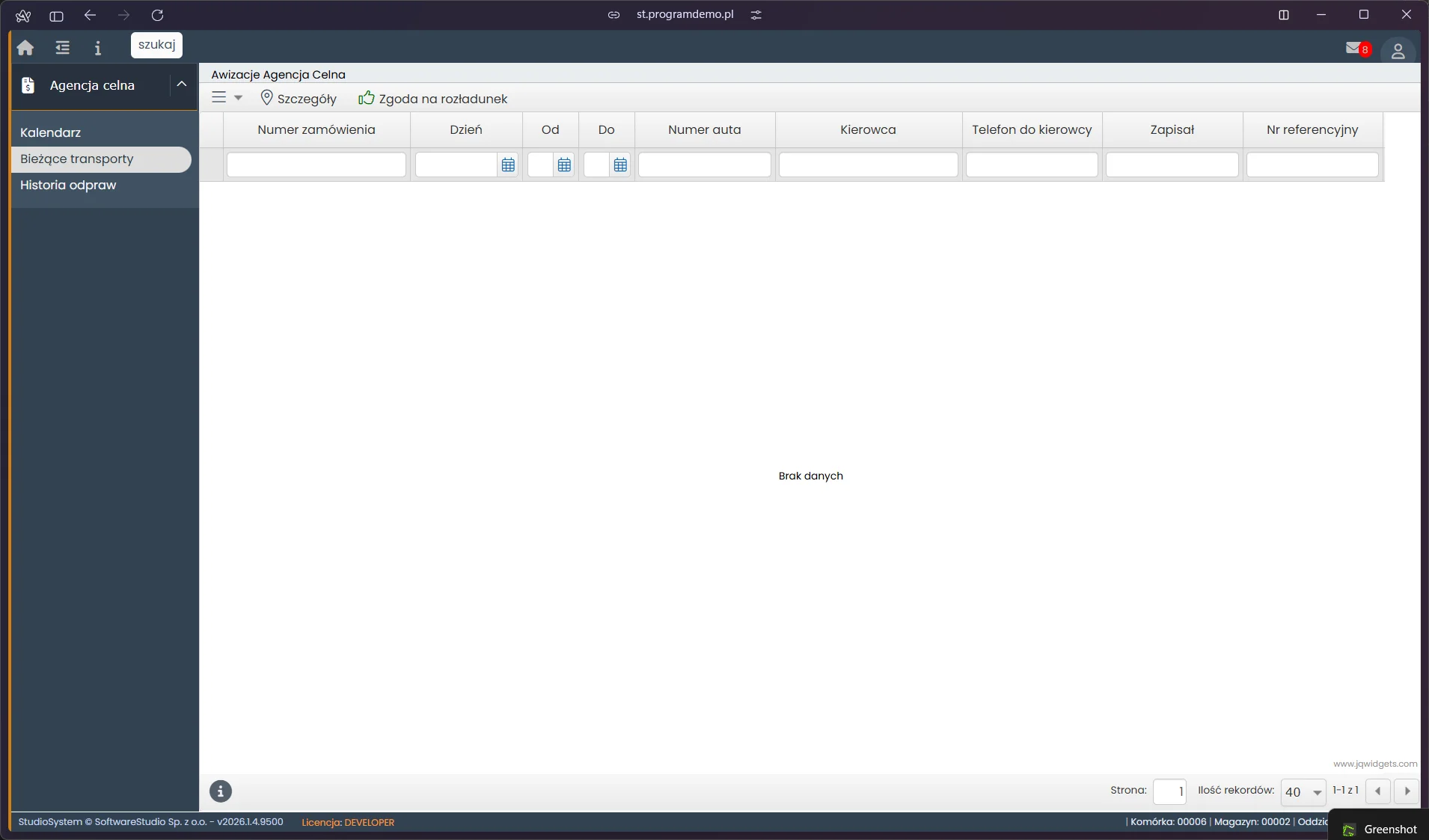Lista Bieżące transporty w module Agencja celna w demo Studio VSS.net, z filtrami po numerze zamówienia i dacie