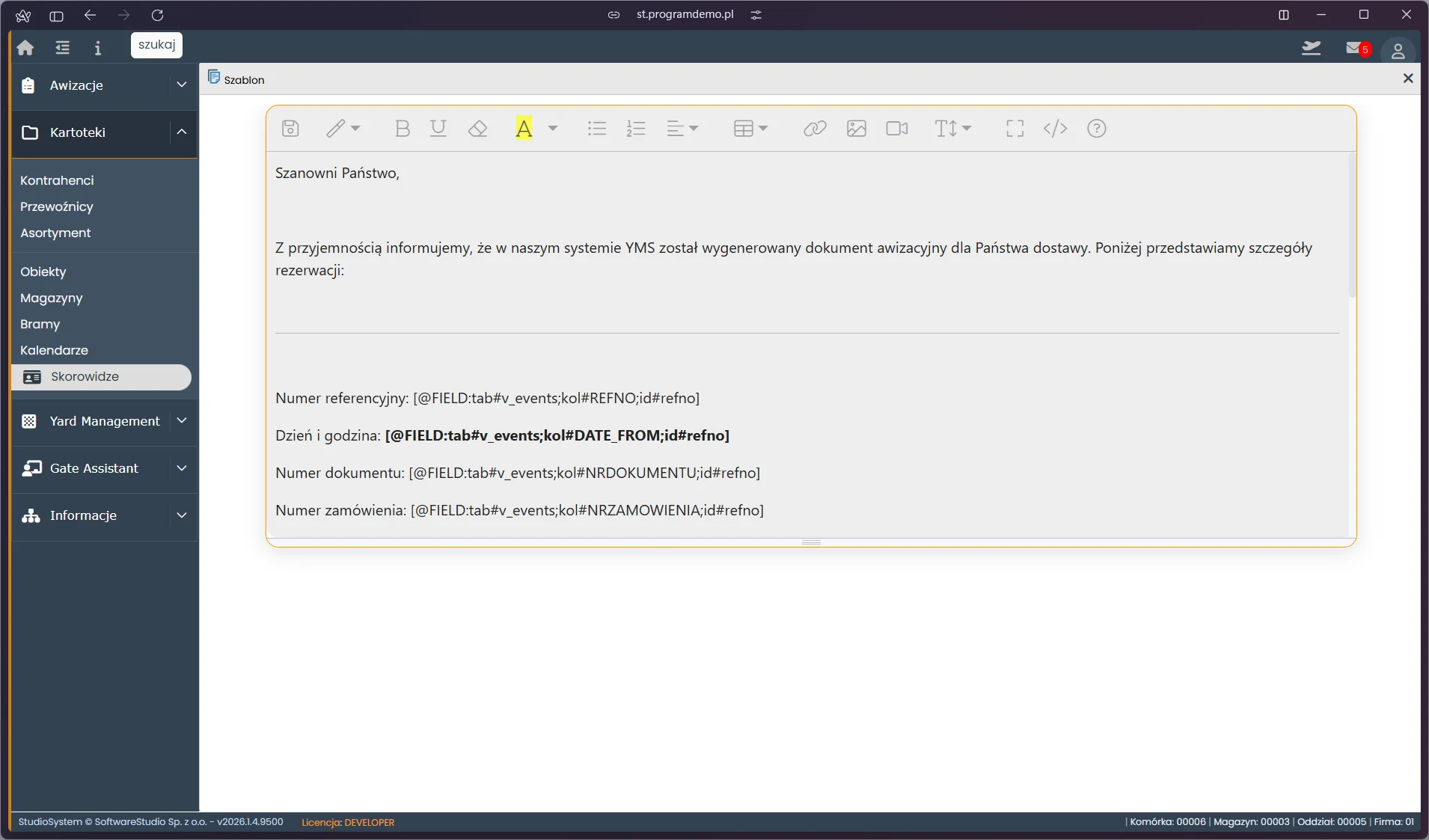 Studio VSS.net – edytor szablonu e-mail powiadomienia awizacyjnego YMS