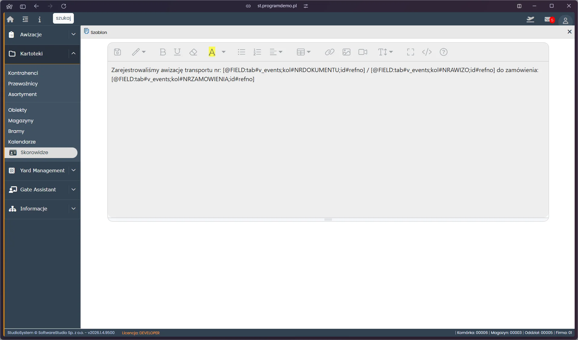 Studio VSS.net – edytor szablonu SMS powiadomienia awizacyjnego