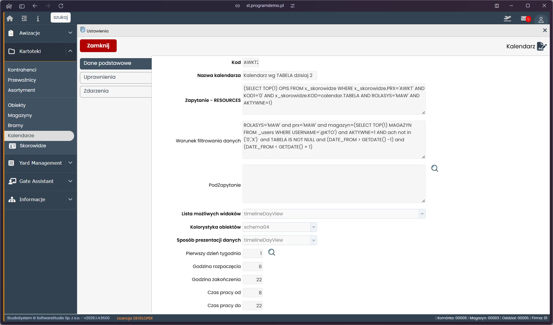 Ustawienia podstawowe kalendarza awizacyjnego w Studio VSS.net - parametry długości okna, godzin pracy i przypisanego magazynu