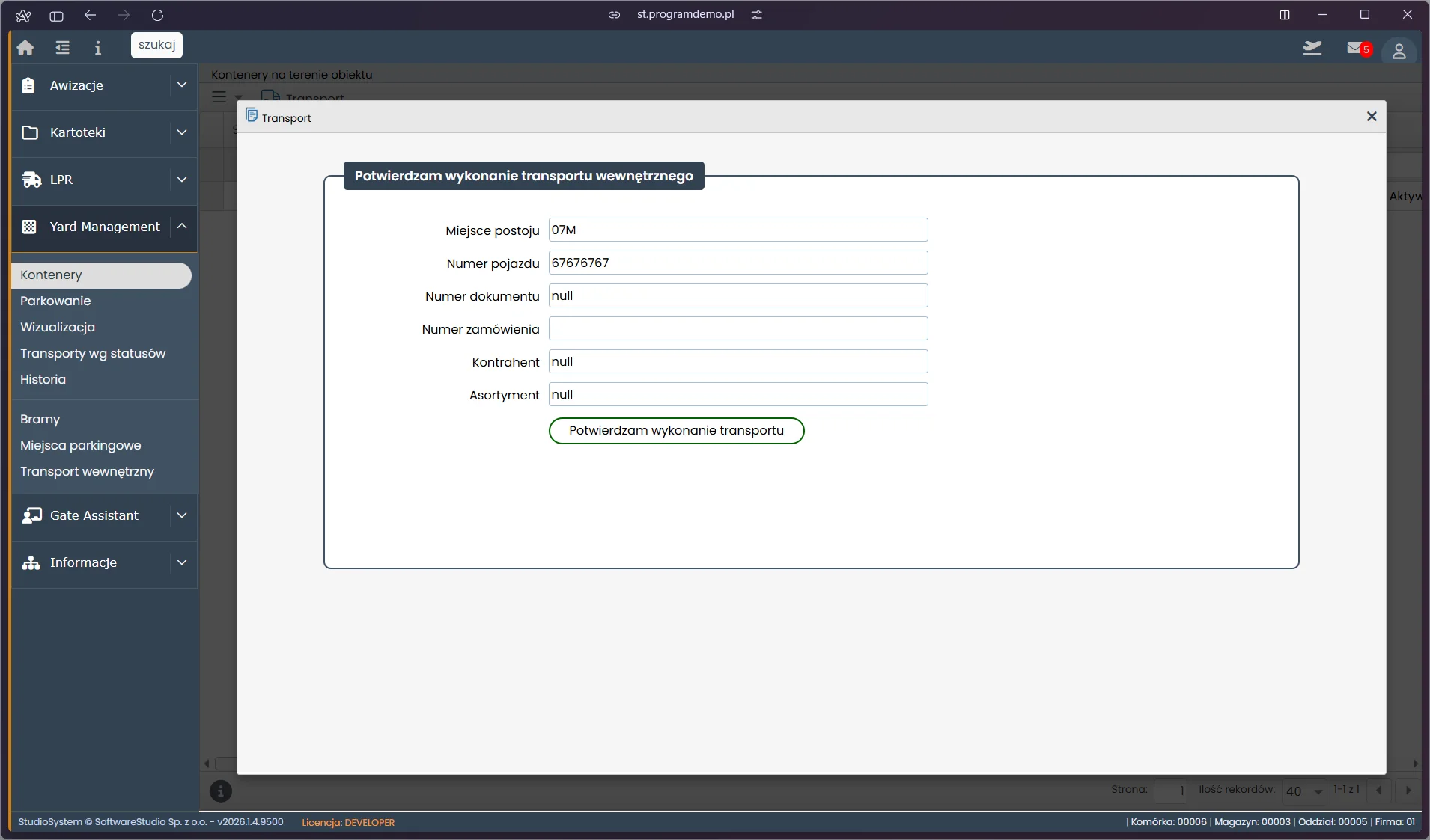 Studio VSS.net – Yard Management – potwierdzenie transportu wewnętrznego kontenera
