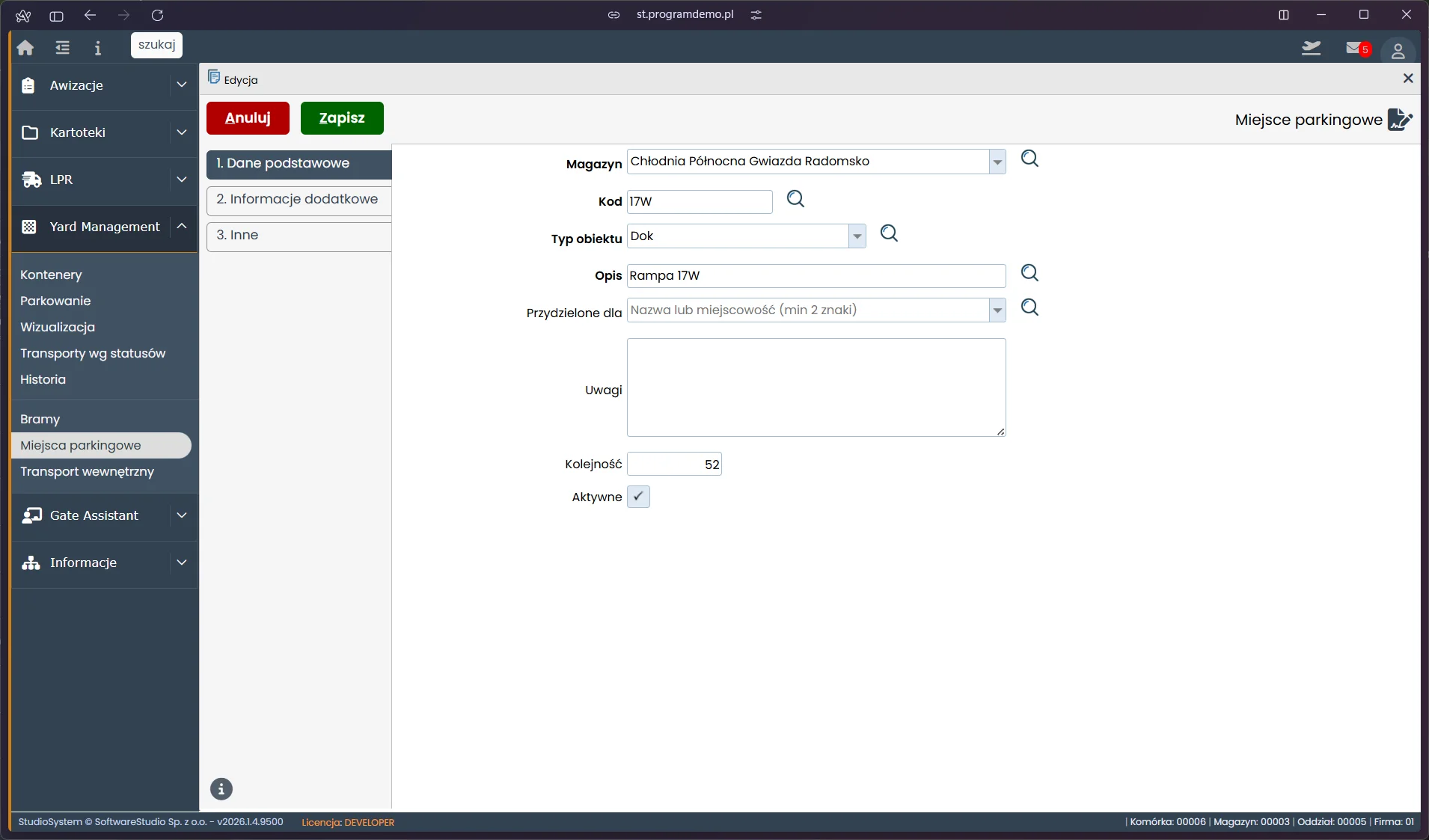 Studio VSS.net – Yard Management – edycja miejsca parkingowego – dane podstawowe
