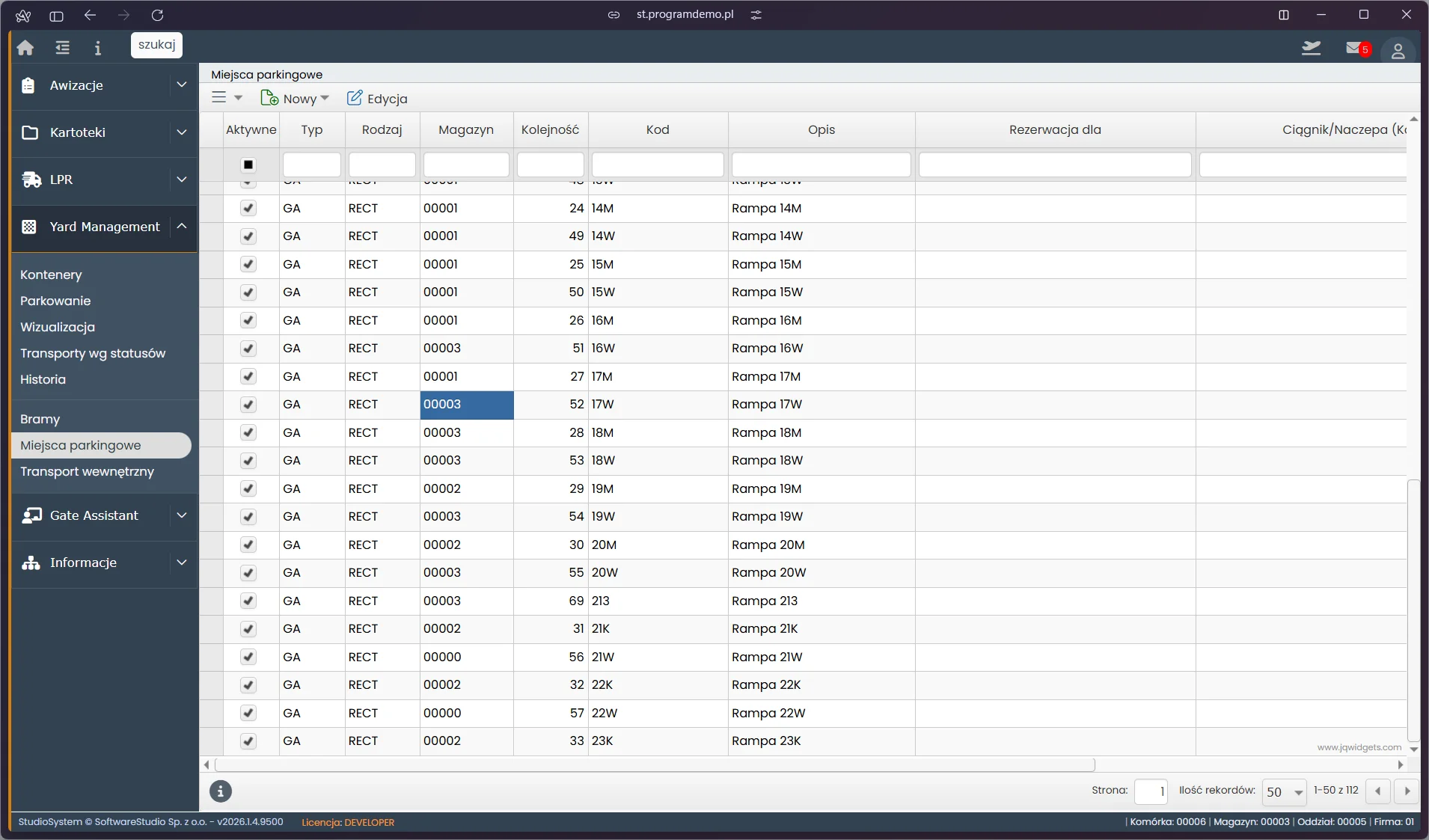 Studio VSS.net – Yard Management – lista miejsc parkingowych placu manewrowego