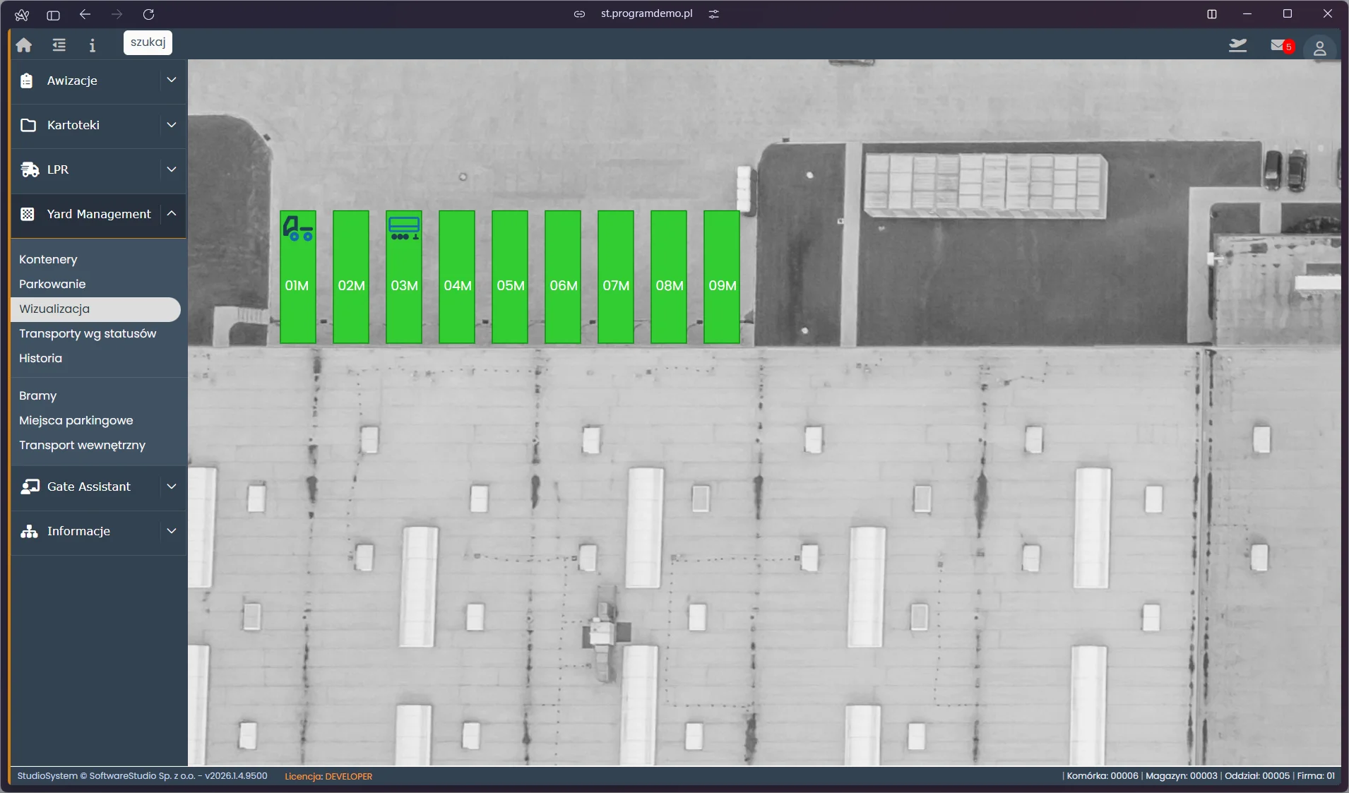Studio VSS.net – Yard Management – wizualizacja placu z rampami i miejscami parkingowymi