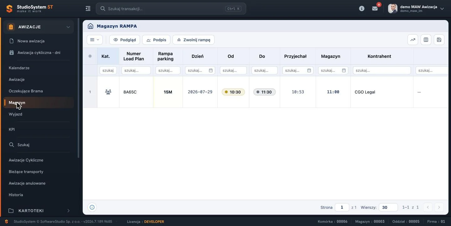 Widok obłożenia rampy magazynowej w systemie YMS24 z numerem load planu, godziną i kontrahentem