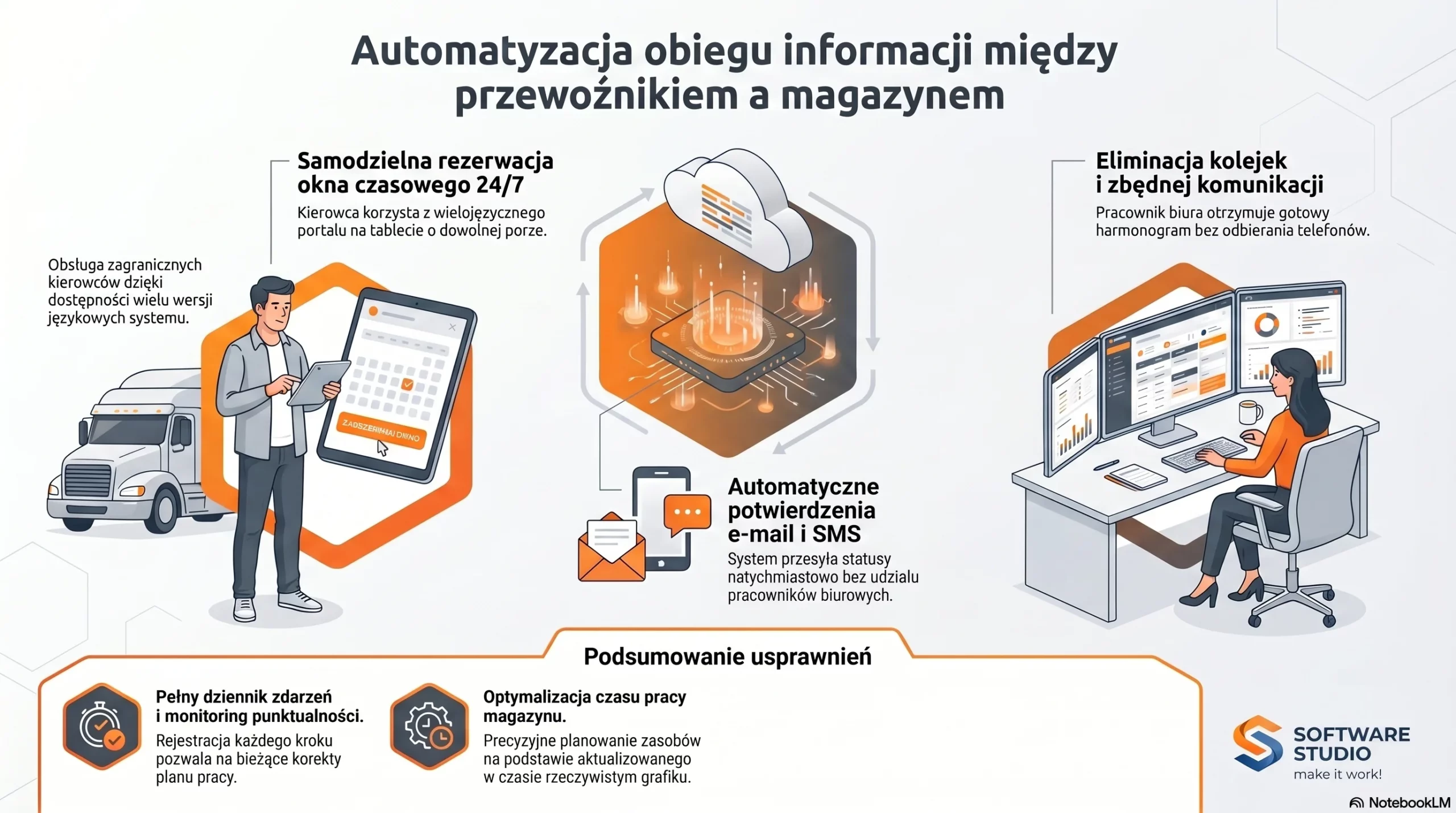 Oprogramowanie do awizacji dostaw w wersji Online, zarządzaj logistyką z dowolnego miejsca 2 Infografika systemu Studio VSS.net przedstawiająca automatyzację awizacji i komunikacji między kierowcą a magazynem.
