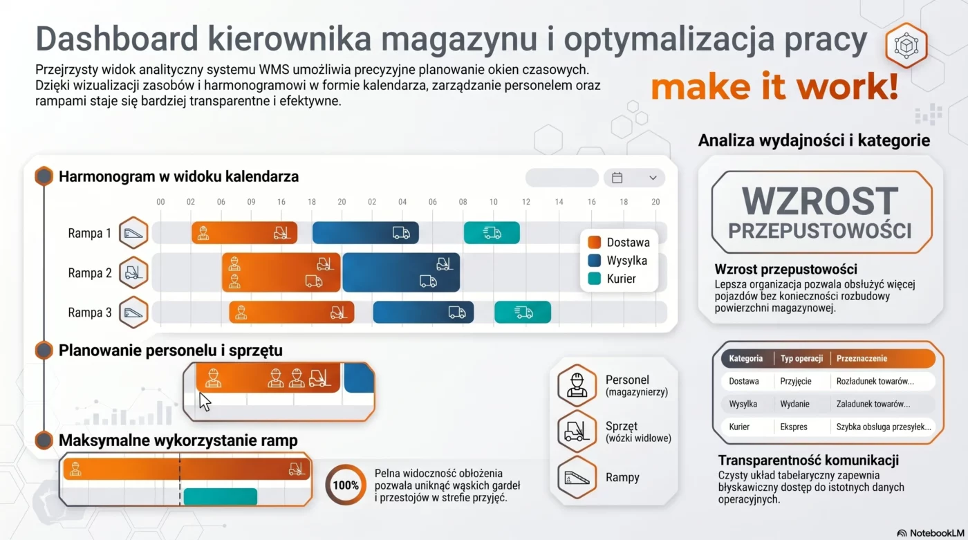 Awizacja ładunków w systemie VSS.net - platforma YMS dla nowoczesnej logistyki magazynowej 4 Dashboard menadżera magazynu w systemie Studio WMS.net prezentujący harmonogram ramp i planowanie personelu.