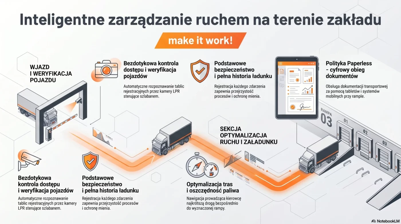 Infografika systemu Studio VSS.net do inteligentnego zarządzania ruchem pojazdów i awizacjami na terenie zakładu.