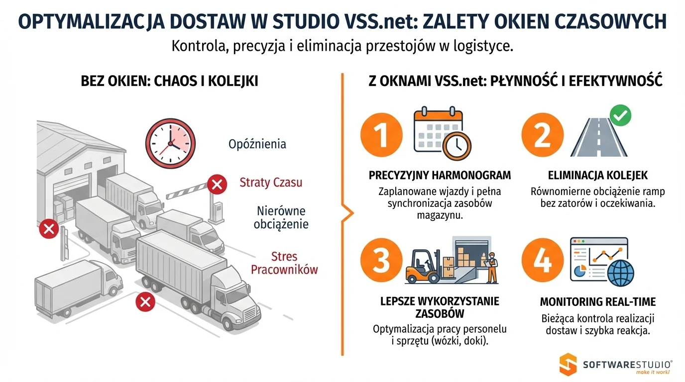 Co to jest okno czasowe? Planowanie i harmonogramowanie dostaw do magazynu 1 Porównanie logistyki bez okien czasowych oraz z systemem Studio VSS.net, prezentujące korzyści z automatyzacji awizacji i eliminacji kolejek przed magazynem.