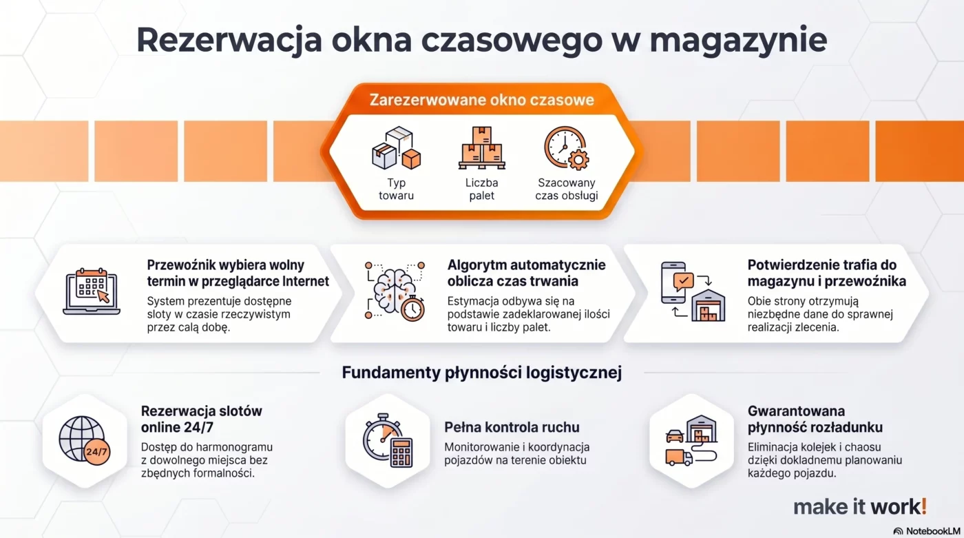 Infografika systemu Studio VSS.net przedstawiająca proces rezerwacji okna czasowego i awizacji w magazynie.