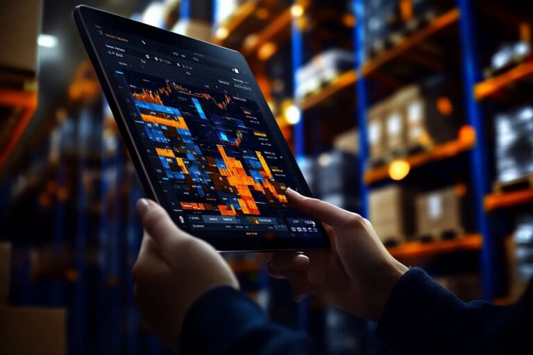 Osoba trzymająca tablet z wyświetlonymi wykresami analitycznymi oprogramowania Studio WMS.net na tle regałów w nowoczesnym magazynie.