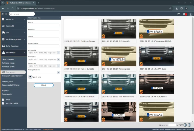 Ekran systemu Studio VSS.net prezentujący harmonogram awizacji transportów na osi czasu.
