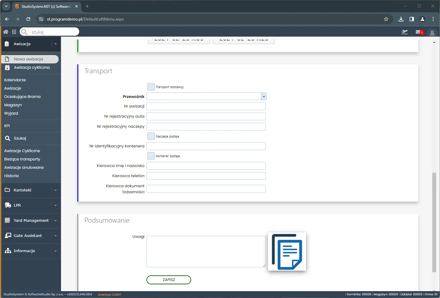 Android aplikacja dla kierowcy - awizacja transportów w czasie rzeczywistym 2 Formularz sekcji Transport w systemie Studio VSS.net do zarządzania awizacjami i danymi kierowcy.