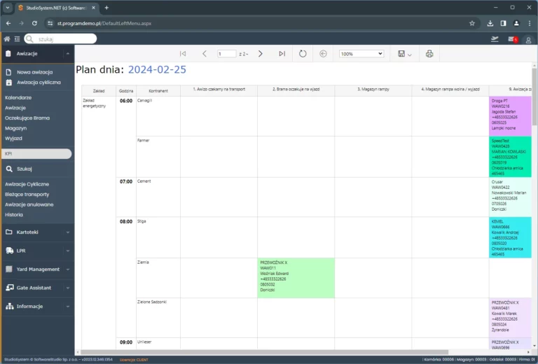 Harmonogram awizacji w systemie Studio VSS.net prezentujący plan dnia i statusy transportów w oknie przeglądarki.