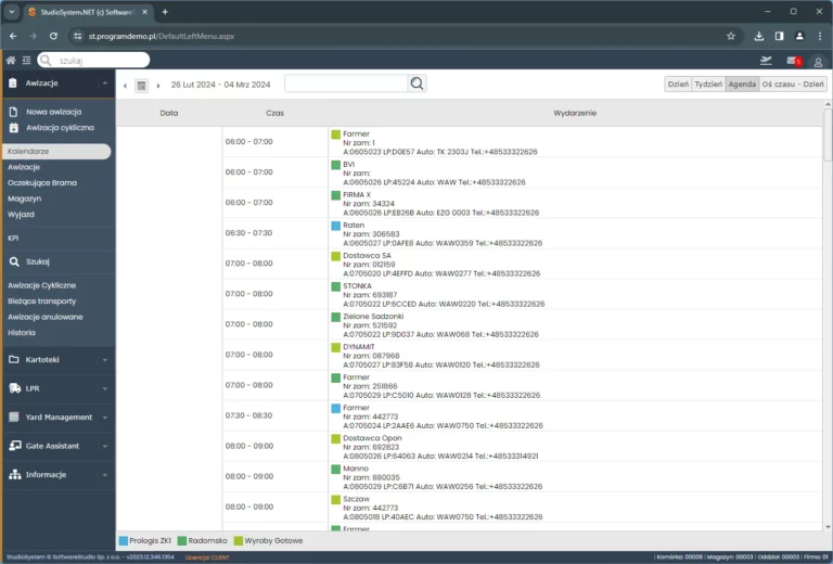 Interfejs oprogramowania Studio VSS.net do zarządzania awizacjami transportu i ruchem na terenie zakładu.