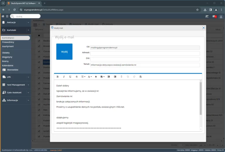 System Studio VSS.net do zarządzania oprogramowaniem YMS i awizacjami w transporcie.