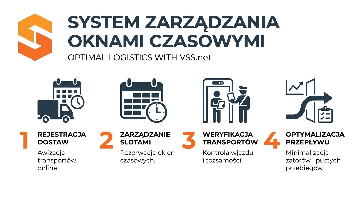 Awizacja w transporcie do magazynu 5 Etapy procesu w Systemie Zarządzania Oknami Czasowymi VSS.net: rejestracja, sloty, weryfikacja i optymalizacja przepływu.