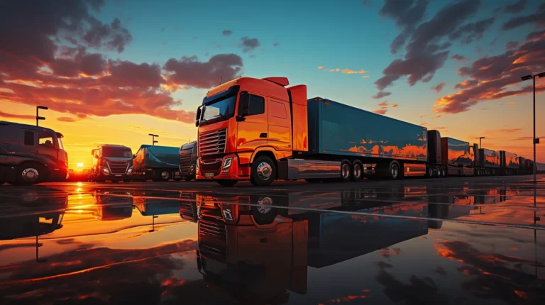 Pomarańczowa ciężarówka na parkingu logistycznym podczas zachodu słońca, odbijająca się w mokrej nawierzchni, ilustrująca nowoczesne zarządzanie transportem i awizacjami.