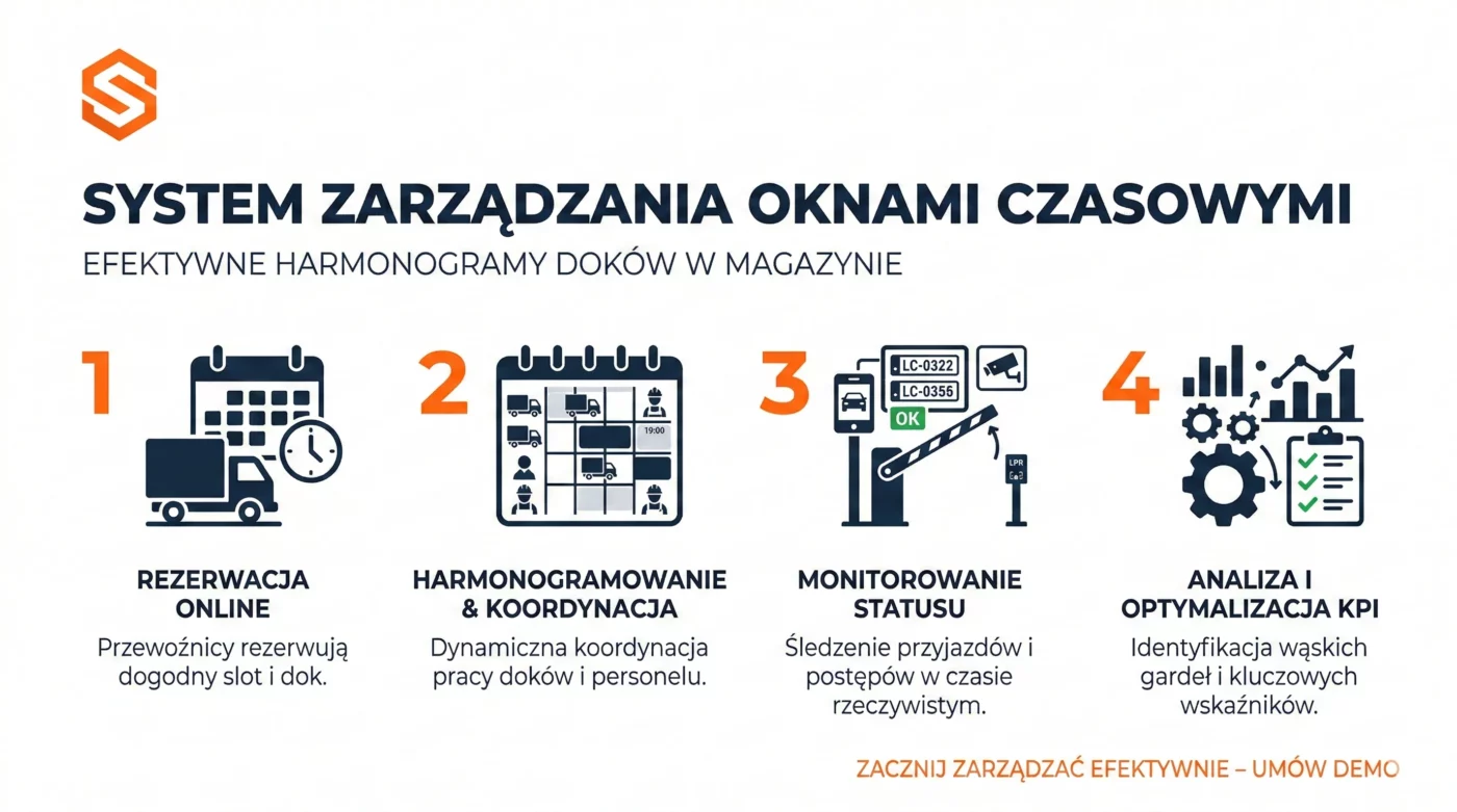 Skuteczna awizacja dostawy - optymalizuj pracę magazynu 4 Infografika SoftwareStudio prezentująca 4 etapy zarządzania oknami czasowymi i harmonogramowanie doków w systemie VSS. Zarządzanie oknami czasowymi w magazynie.