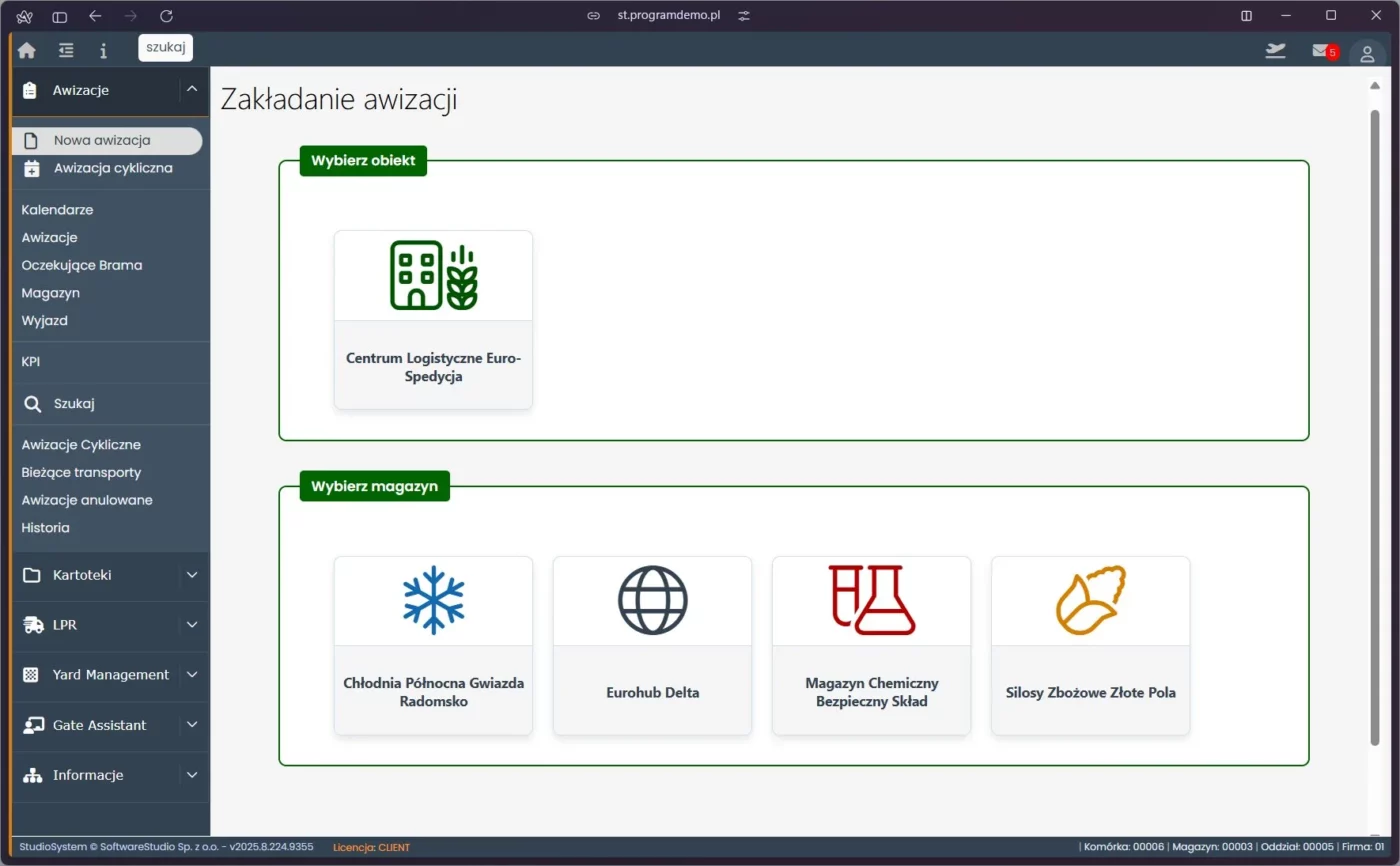 Chmura - wykorzystanie chmury obliczeniowej 3 Interfejs systemu Studio VSS.net do zakładania awizacji transportu w wybranym magazynie SoftwareStudio.