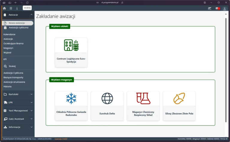 Interfejs systemu Studio VSS.net do zakładania awizacji transportu w wybranym magazynie SoftwareStudio.