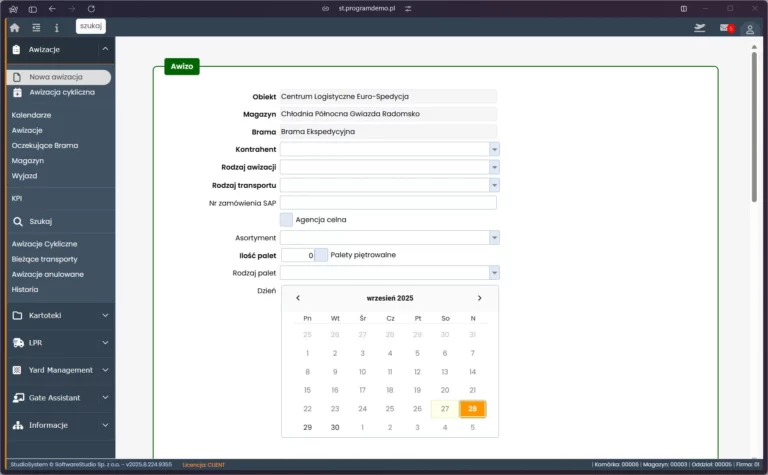 Formularz nowej awizacji w systemie Studio VSS.net z widocznym kalendarzem i danymi logistycznymi.