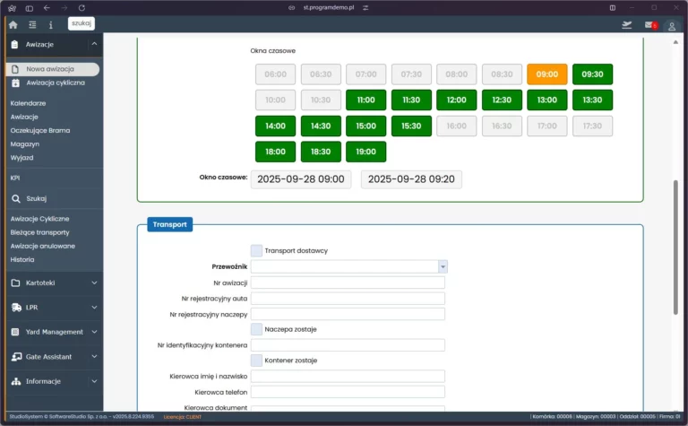 Formularz nowej awizacji w systemie Studio VSS.net od SoftwareStudio służący do planowania dostaw i odbiorów.