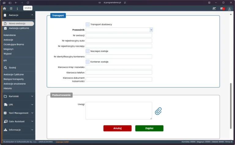 Formularz nowej awizacji transportu w systemie Studio VSS.net do zarządzania oknami czasowymi i logistyką.