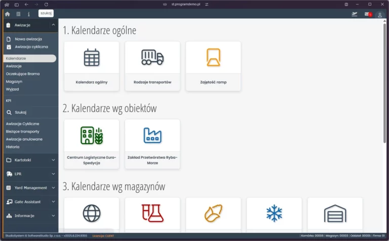 Panel systemu Studio VSS.net z podziałem na kalendarze ogólne, wg obiektów oraz magazynów.