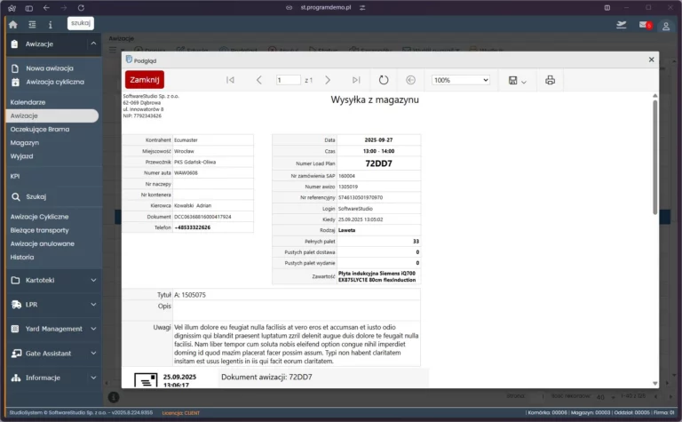 Okno podglądu dokumentu wysyłki z magazynu w systemie awizacji VSS.net od SoftwareStudio.