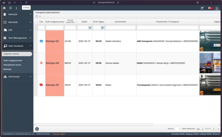 Panel Gate Assistant w Studio VSS.net pokazujący zajętość ramp, dane przewoźników i zdjęcia pojazdów w systemie YMS.