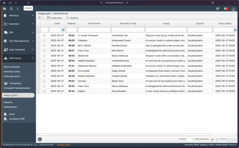 Widok modułu Księga gości w systemie Studio VSS.net do zarządzania ruchem pojazdów i osób na terenie zakładu.