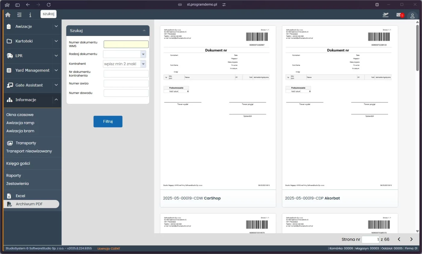 Chmura - wykorzystanie chmury obliczeniowej 4 Panel Archiwum PDF w systemie Studio VSS.net prezentujący podgląd dokumentów magazynowych i filtry wyszukiwania.