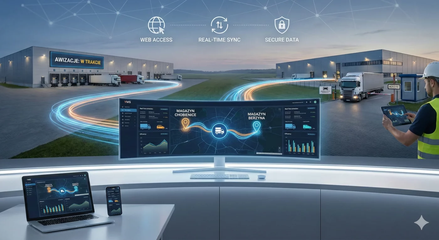 System zarządzania łańcuchem dostaw 1 Nowoczesny system YMS Studio VSS.net prezentujący cyfrowe zarządzanie oknami czasowymi i ruchem aut w magazynie.